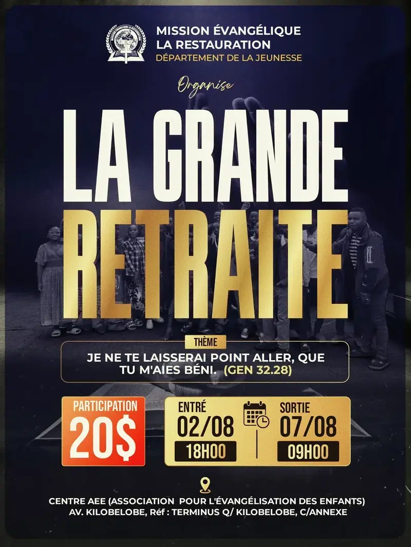 Affiche sombre et dorée pour La Grande Retraite d’août 2026 de la Mission Évangélique La Restauration