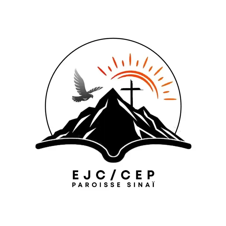 Logo circulaire EJC/CEP Paroisse Sinaï avec montagne, croix, colombe et livre ouvert